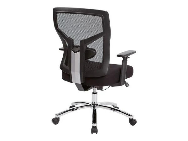 Close-up of an elastic-mesh ergonomic chair back with lumbar support